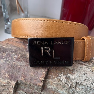 Rena Lange beige and black leather vintage logo belt size M