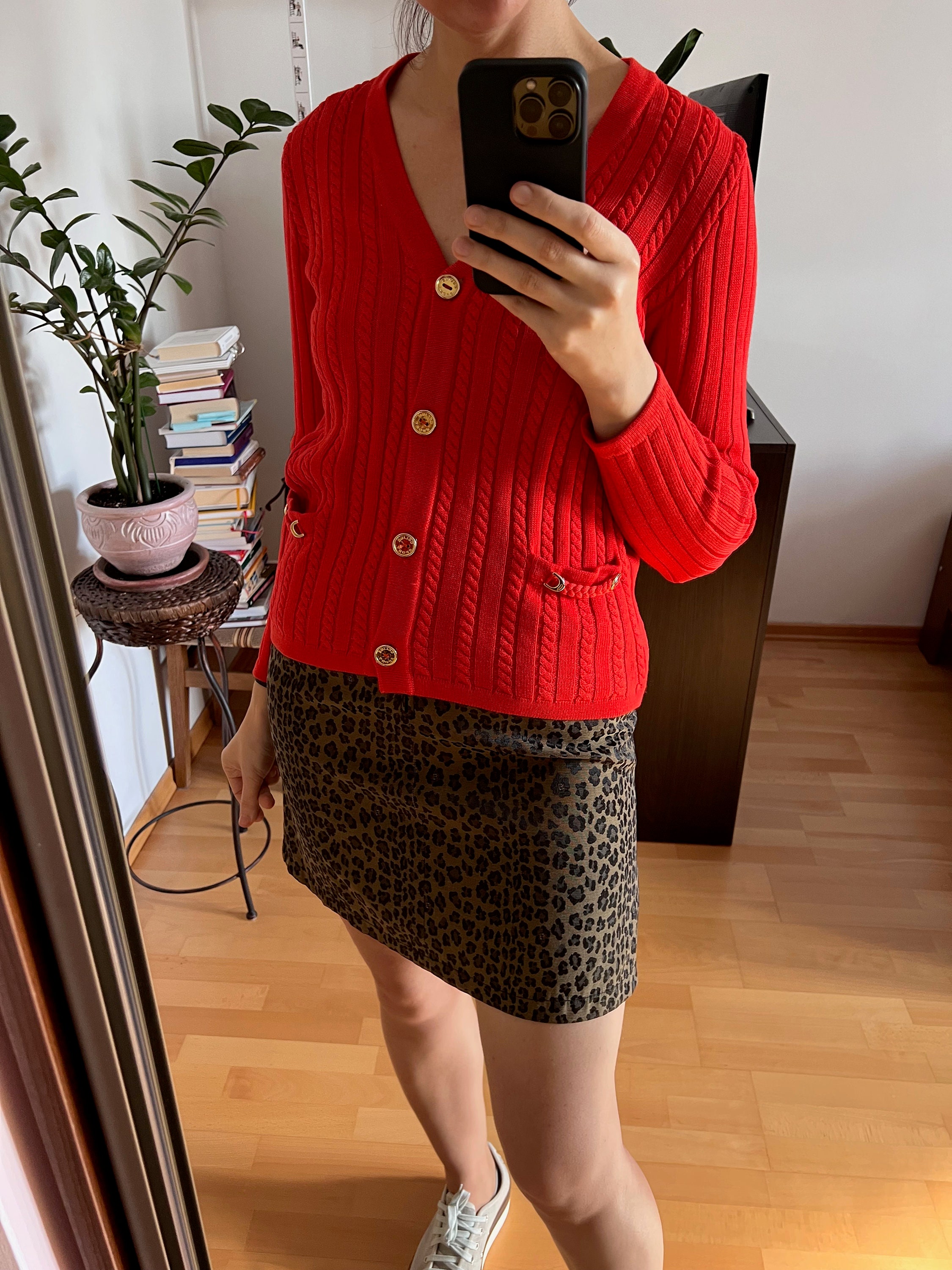 celine red cardigan
