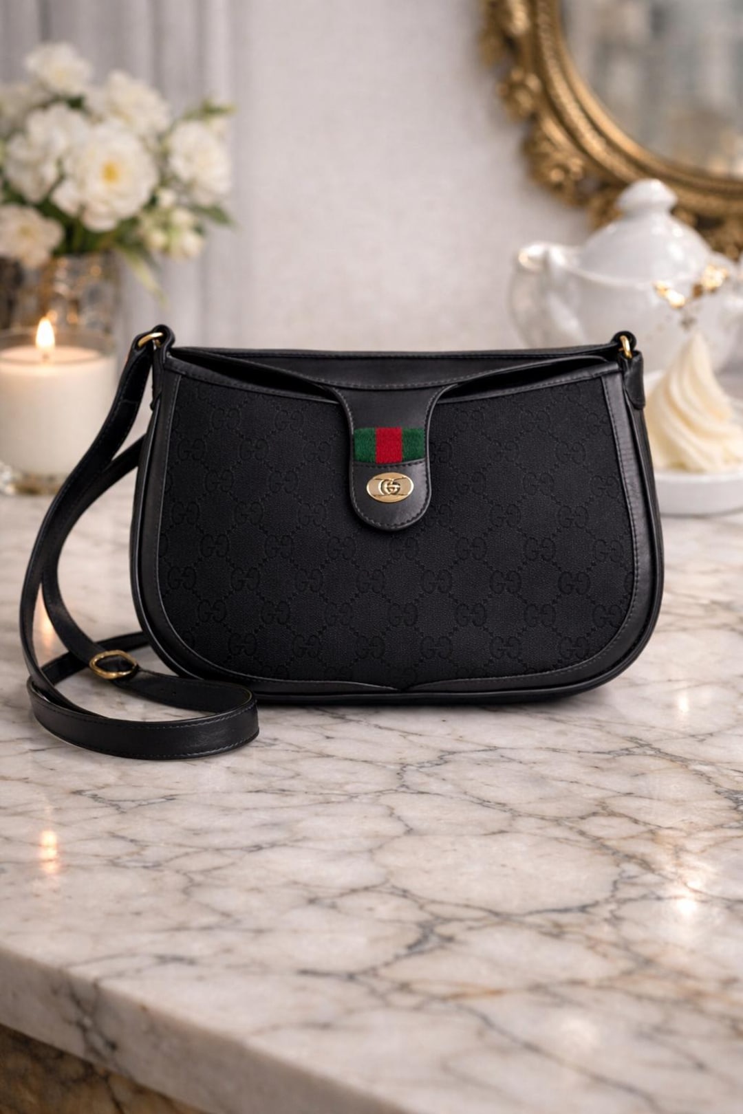 80s Vintage Gucci Monogram Black Leather Canvas Shoulder Bag