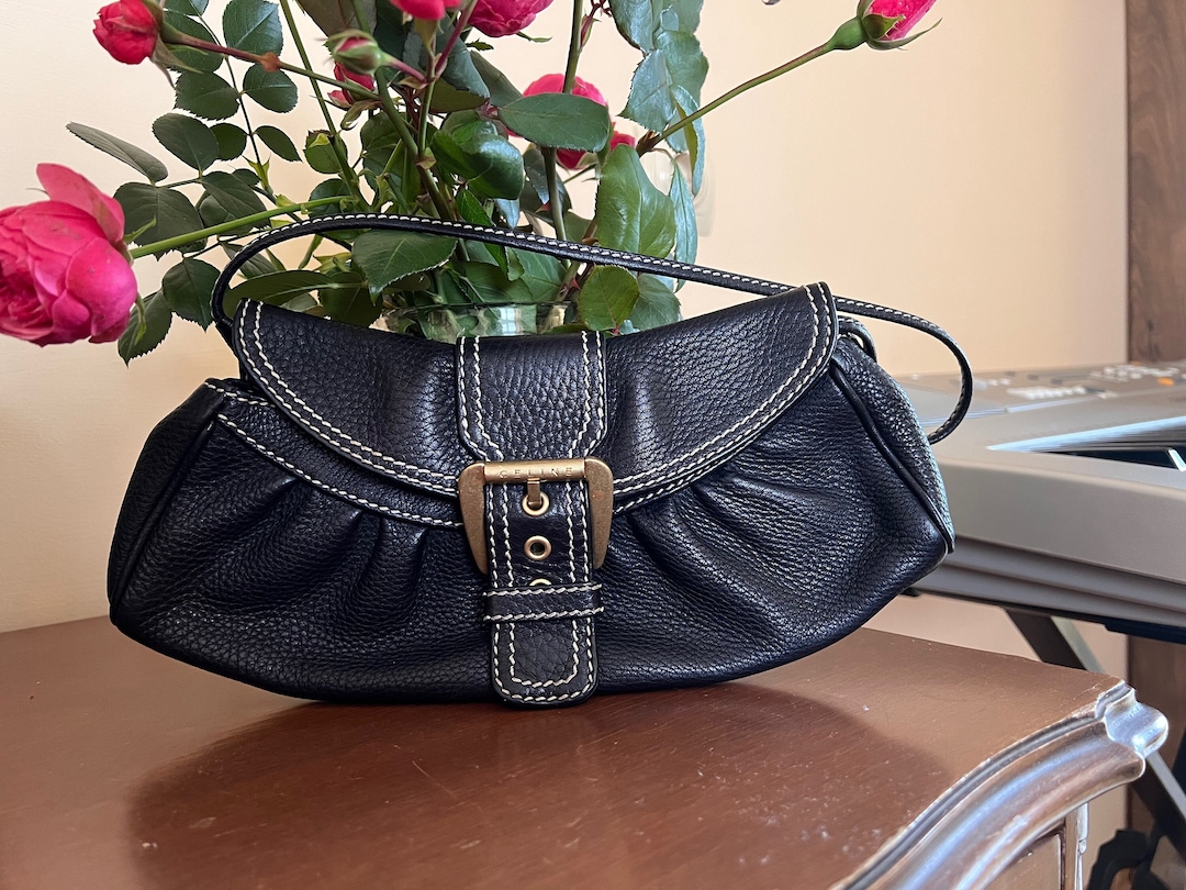 CELINE Black Leather Small Buckle Flap Baguette Vintage Purse