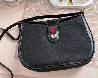 80s Vintage Gucci Monogram Black Leather Canvas Shoulder Bag
