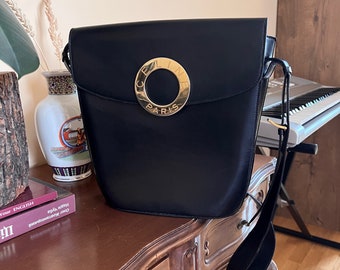 Celine black vintage leather authentic shoulder bag with a logo gold ring