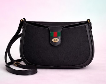 80s Vintage Gucci monogram black leather canvas shoulder bag - gucci 10·02·056