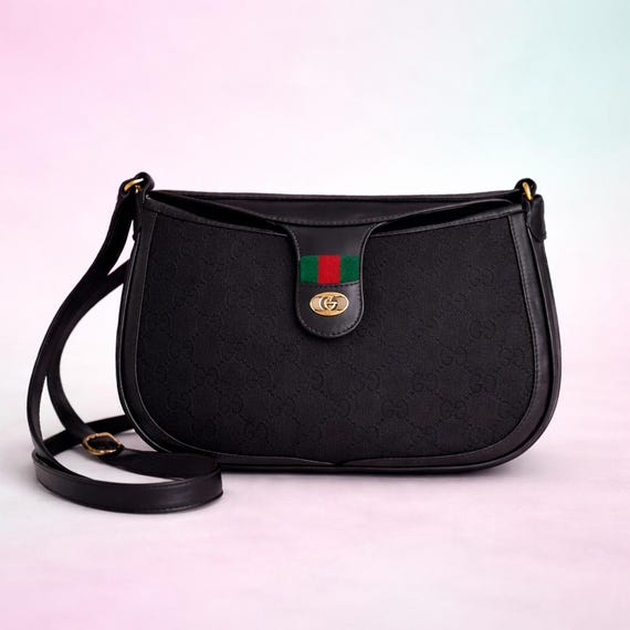 80s Vintage Gucci Monogram Black Leather Canvas Shoulder Bag