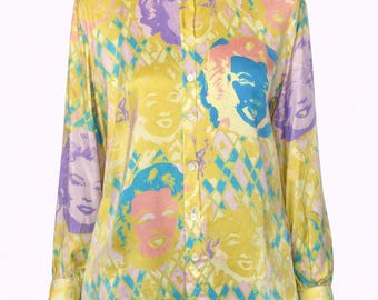 Vintage ESCADA Margaretha Ley popkonst-tryck sidenblus storlek 38 M