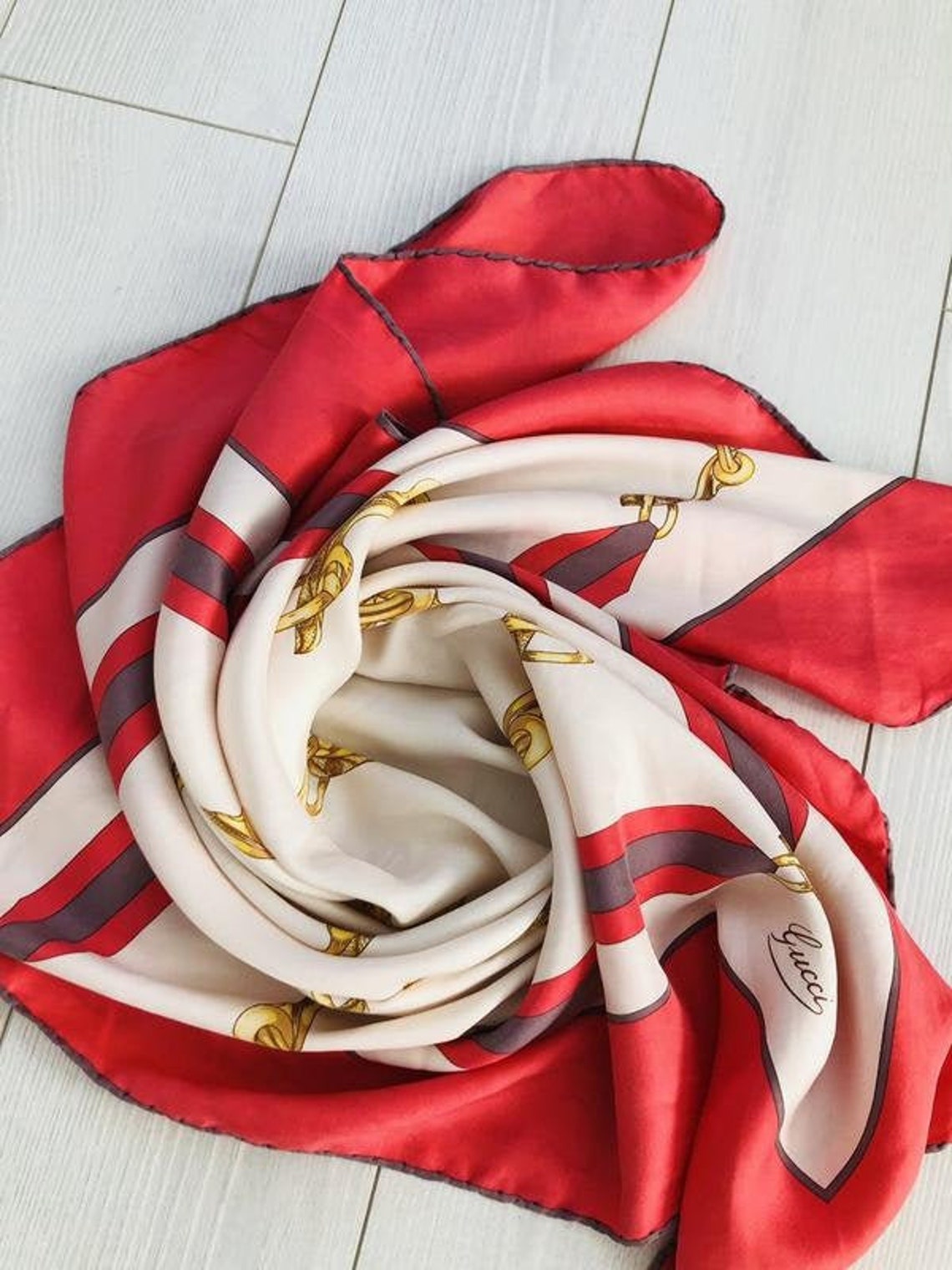 Vintage Gucci red and white silk scarf | Etsy