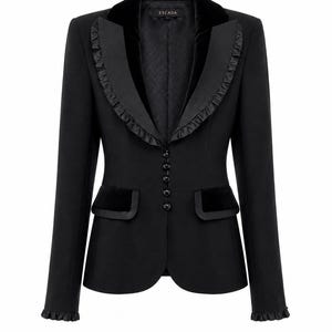 Vintage ESCADA zwarte formele blazer - Fluweelafwerking & Gegolfde revers Maat 34 S