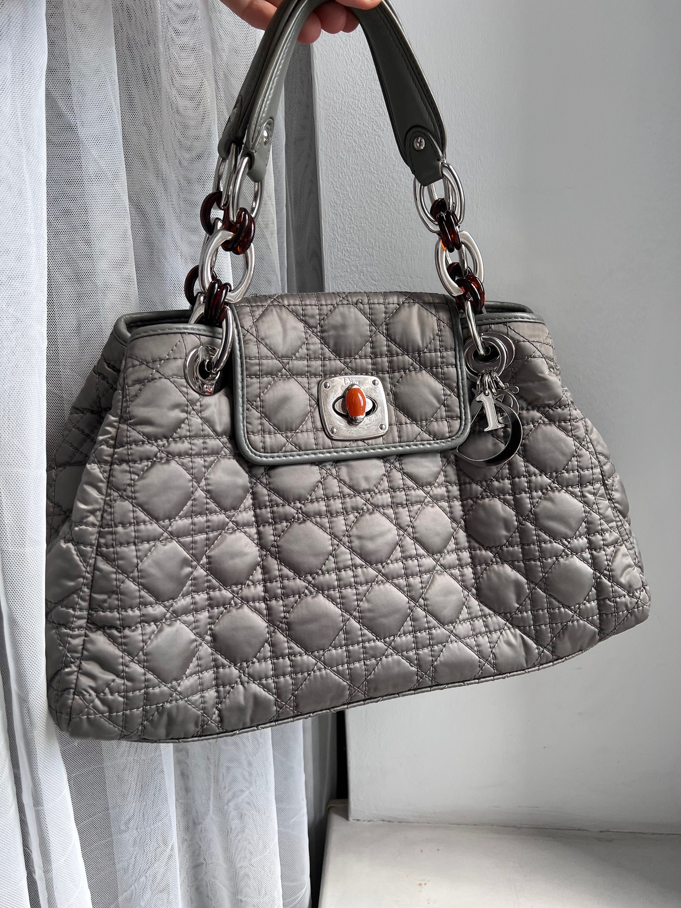 Dior - Small Lady Dior Bag Gray Smooth Calfskin and Satin with Bead Embroidery - Women
