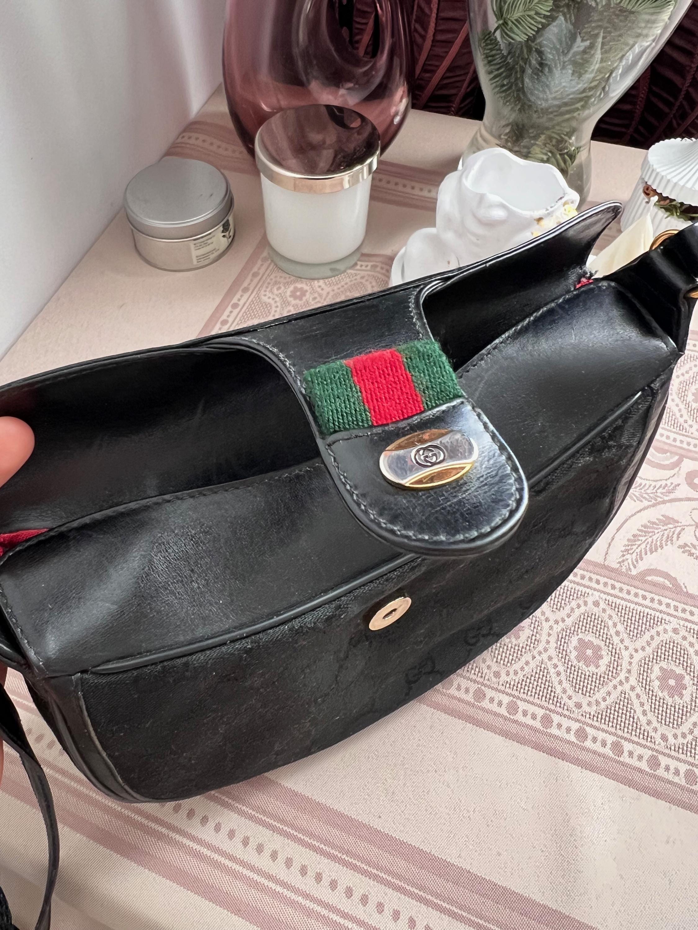 80s Vintage Gucci Monogram Black Leather Canvas Shoulder Bag