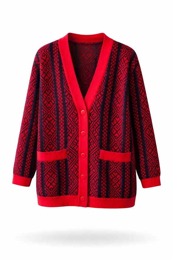 Saint Laurent, 80s YSL Yves Saint Laurent Wool Cardigan – Oversize Geometric Pattern