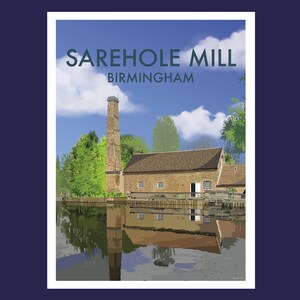 May include: A vintage brick building with a tall chimney reflected in a still pond. The building has a brown roof and windows. The text "SAREHOLE MILL BIRMINGHAM" is printed above the building.