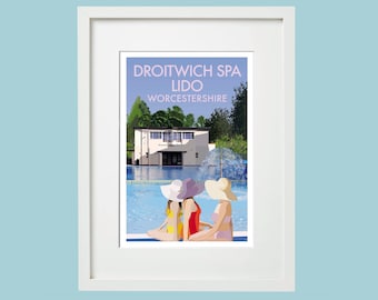 May include: A retro-style illustration of a swimming pool with three women wearing hats and bathing suits. The text "DROITWICH SPA LIDO WORCESTERSHIRE" is at the top of the image.