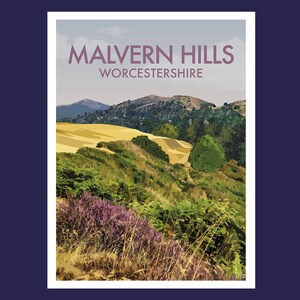May include: A scenic view of rolling hills with green foliage and purple wildflowers. The text "MALVERN HILLS WORCESTERSHIRE" is displayed at the top of the image.