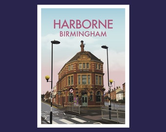 Może przedstawiać: Ilustracja w stylu vintage budynku z cegły z tabliczką z napisem "The Junction" w Harborne, Birmingham. Budynek znajduje się na rogu ulicy z przejściem dla pieszych przed nim.