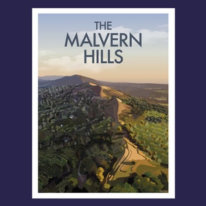 Las colinas de Malvern al atardecer Ilustración original del cartel de viaje