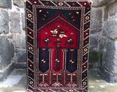 prayer turkish rug - boho decor oriental handmade wool oushak rug runner - rug anatolian, red blue rug small, 3x4 rugs for namaz, 2.6x3.9 ft