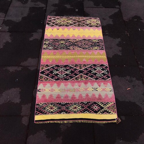 Shops small kilim rug, vintage rug, handwoven ethnic rug, vintage bath mat, pink yellow balack white colorfol, free shipping, 4,3x2,2 ft