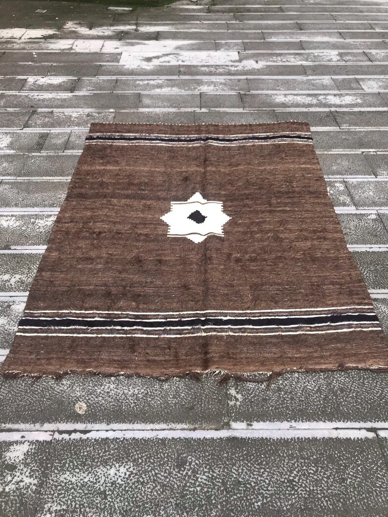 Brown vintage knitted blanket picnic blanket turkish wool blanket 6.4 x 4.9 ft crocket Blanket,Boho Decor rug, grandmother blanket