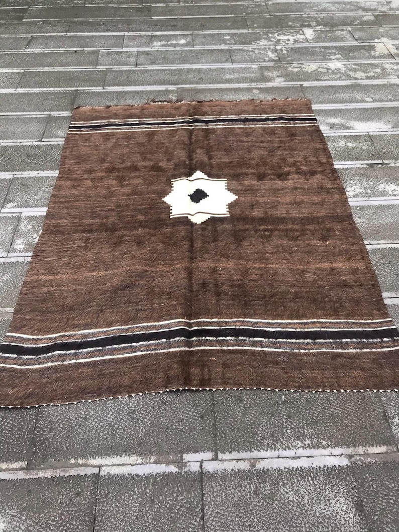 Brown vintage knitted blanket picnic blanket turkish wool blanket 6.4 x 4.9 ft crocket Blanket,Boho Decor rug, grandmother blanket