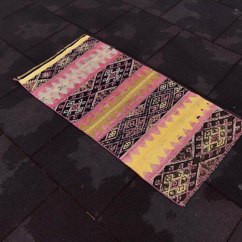 Shops small kilim rug, vintage rug, handwoven ethnic rug, vintage bath mat, pink yellow balack white colorfol, free shipping, 4,3x2,2 ft