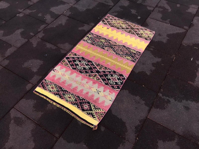 Shops small kilim rug, vintage rug, handwoven ethnic rug, vintage bath mat, pink yellow balack white colorfol, free shipping, 4,3x2,2 ft