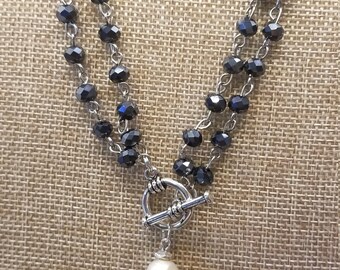 Gray Black and White Jasper stone Rosary Chain Necklace with lobster clasp silver wire work and clasp adjustable length 18-20 ROSARY-JAS8