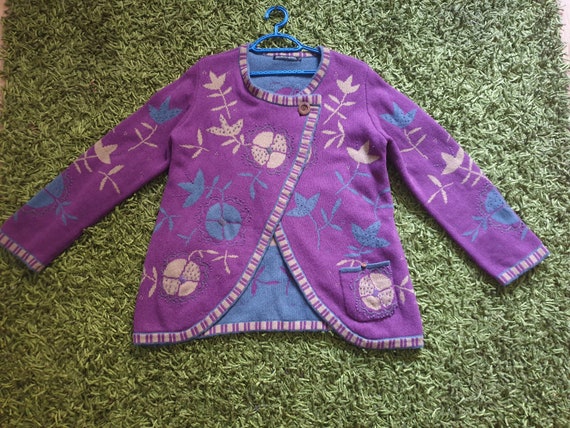 GUDRUN SJODEN Vtg. LambsWool Woman Cardigan /Purpl