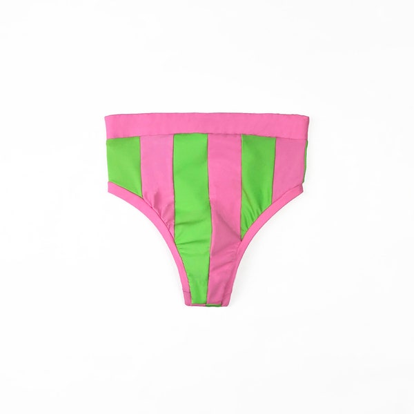 Stripe High-waisted Thong  - Pink and Green