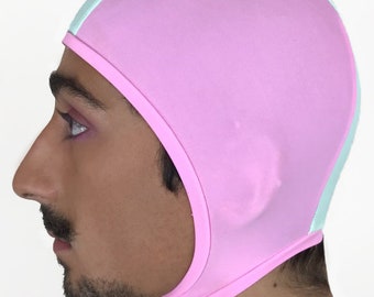 Centre stripe swim cap with chinstrap and buckle detail - Pink & Mint