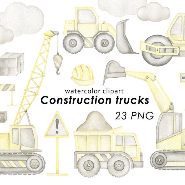 Construction trucks watercolor clipart, nursery decor, its a boy, baby wall art, building machines digital download