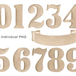 K&ouml;nnte beinhalten: Ein Satz von zehn beigefarbigen Aquarellzahlen von 0 bis 9 mit einem beigefarbenen Banner. Die Zahlen sind in einer handschriftlichen Schriftart.
