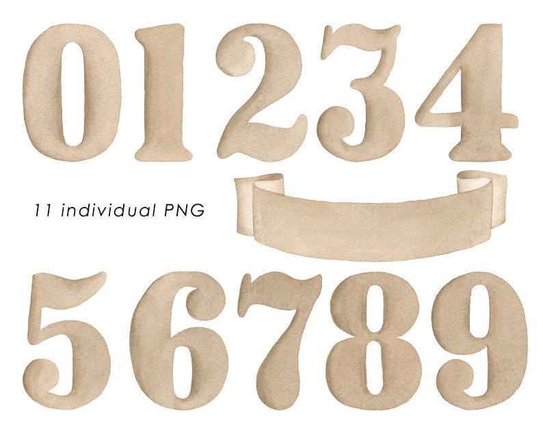K&ouml;nnte beinhalten: Ein Satz von zehn beigefarbigen Aquarellzahlen von 0 bis 9 mit einem beigefarbenen Banner. Die Zahlen sind in einer handschriftlichen Schriftart.