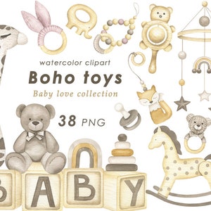 Aquarell Baby Spielzeug Clipart, Boho Babyparty, Neugeborene Kinder PNG-Dateien, digitaler Download, Kinderzimmer Dekor