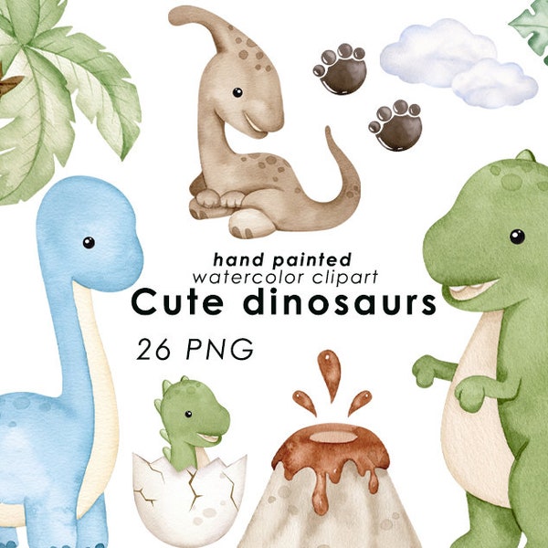 Dinosaurs watercolor clipart, cute dino clip art, neutral dinosaur PNG, nursery decor,