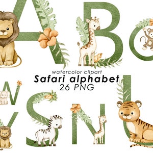 Safari aquarel alfabet clipart, kinderkamer decor, baby meisje jongen, jungle letters PNG