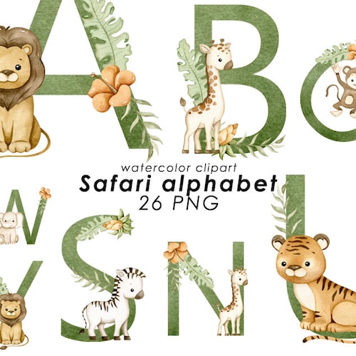 Safari Watercolor Alphabet Clipart Nursery Decor Baby Girl Etsy