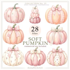 Puede incluir: Una colección digital de 28 ilustraciones de calabazas de color rosa suave con varios diseños, incluyendo patrones florales, cuadros vichy, cintas de encaje y colores sólidos. El texto dice COLLECTION No. 23, 28 files, SOFT PUMPKIN, commercial use included y AnnaStyleArt.