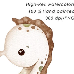K&ouml;nnte beinhalten: Aquarell-Illustration eines Seepferdchens in Wei&szlig;-, Braun- und Gr&uuml;nt&ouml;nen. Der Text auf dem Bild lautet: "High-Res watercolors", "100 % Hand painted" und "300 dpi/PNG".