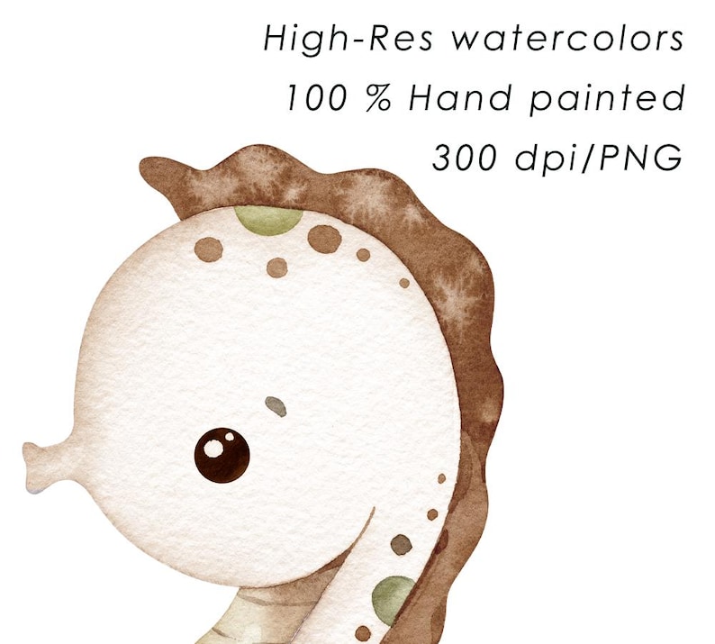 K&ouml;nnte beinhalten: Aquarell-Illustration eines Seepferdchens in Wei&szlig;-, Braun- und Gr&uuml;nt&ouml;nen. Der Text auf dem Bild lautet: "High-Res watercolors", "100 % Hand painted" und "300 dpi/PNG".