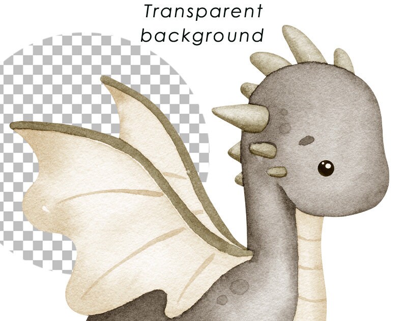 Puede incluir: Una ilustraci&oacute;n de acuarela de un lindo drag&oacute;n gris con alas de color marr&oacute;n claro. El drag&oacute;n tiene ojos grandes y una expresi&oacute;n amigable.