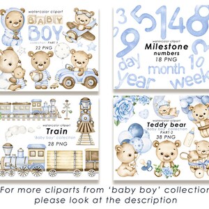 Puede incluir: Un conjunto de ilustraciones de acuarela para un beb&eacute;. Las ilustraciones incluyen un osito de peluche, un tren y n&uacute;meros de hitos. Las ilustraciones est&aacute;n en tonos azules y marrones.