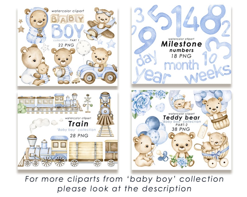 Puede incluir: Un conjunto de ilustraciones de acuarela para un beb&eacute;. Las ilustraciones incluyen un osito de peluche, un tren y n&uacute;meros de hitos. Las ilustraciones est&aacute;n en tonos azules y marrones.