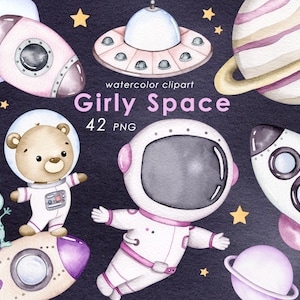Girly Weltraum Aquarell Clipart, Mädchen niedlich Astronaut, Planeten Clip Art, Raketen PNG, Kinderzimmer Dekor