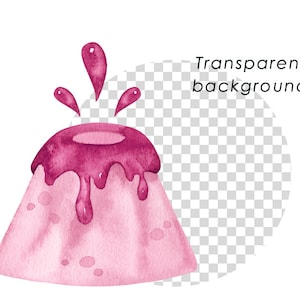 Puede incluir: Una ilustraci&oacute;n de acuarela rosa de un volc&aacute;n con lava rosa que fluye por los lados. El volc&aacute;n est&aacute; aislado sobre un fondo transparente.