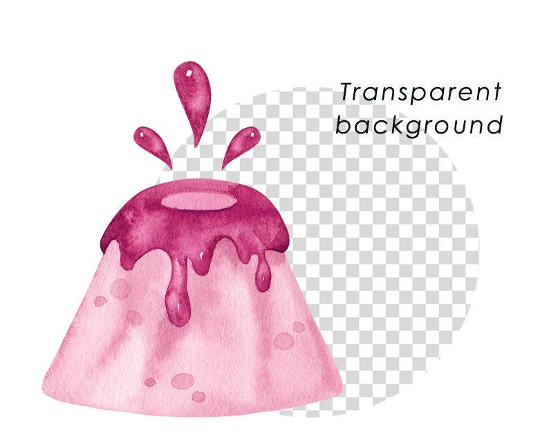 Puede incluir: Una ilustraci&oacute;n de acuarela rosa de un volc&aacute;n con lava rosa que fluye por los lados. El volc&aacute;n est&aacute; aislado sobre un fondo transparente.