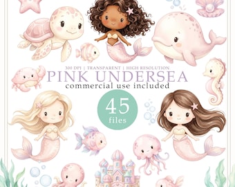 Pastel Undersea Clipart, Cute Ocean Animals PNG, Pink Uder the sea clipart, nursery decor, baby shower, Cmmercial use