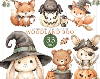 Watercolor Woodland Halloween Clipart, Spooky Baby Animals, Nursery Decor (Digital Download)