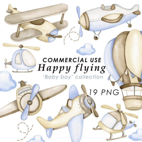Air transport watercolor clipart, airplane clip art, nursery decor, baby boy wall art, helicopter, hot air balloon PNG, COMMERCİAL USE