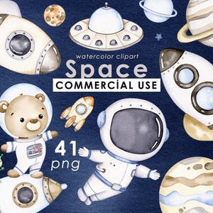 Space watercolor clipart, cute astronaut , planets clip art, rockets PNG, nursery decor