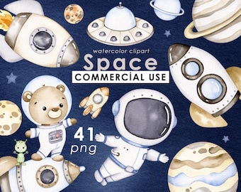 Weltraum Aquarell Clipart, niedlicher Astronaut, Planeten Clip Art, Raketen PNG, Kinderzimmerdekor